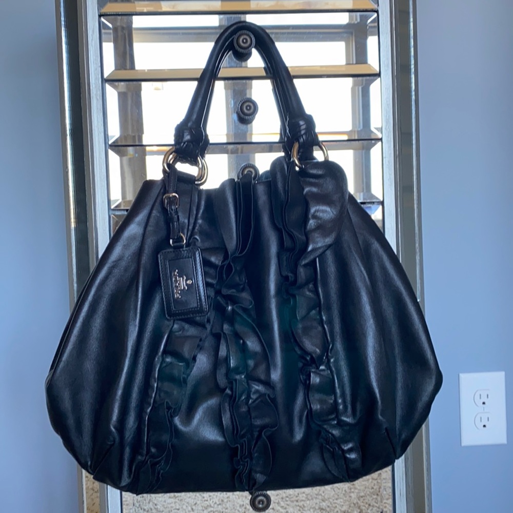Prada ruffled black leather hobo tote bag